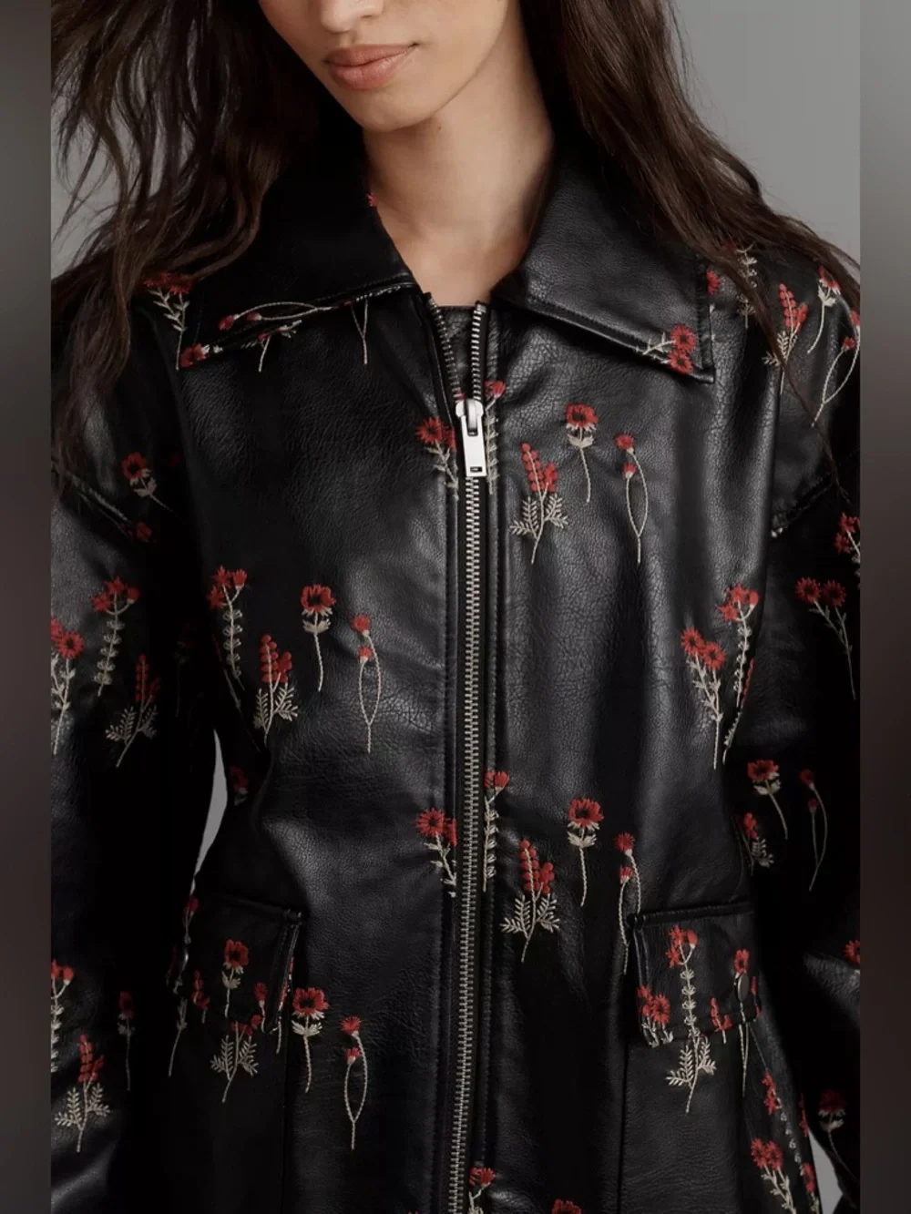 NWOT Anthropologie Maeve Faux Leather Floral-Embroidered Bomber Jacket - small - Picture 4 of 9